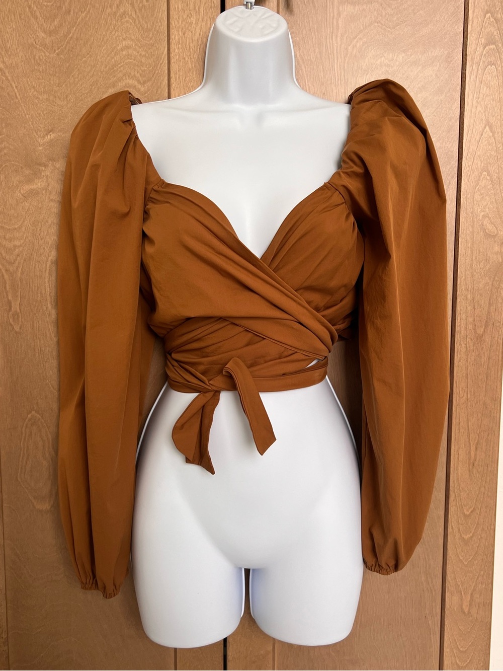 Wrap Front Puff Sleeve Crop Top in Rust